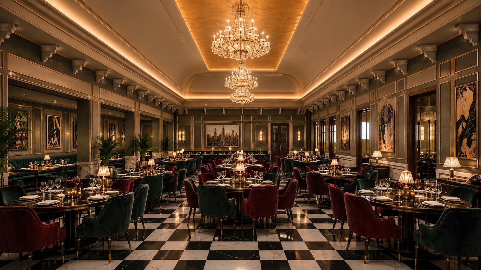Multi-Cuisine Restaurant — grand art-deco dining hall with chandeliers and mural