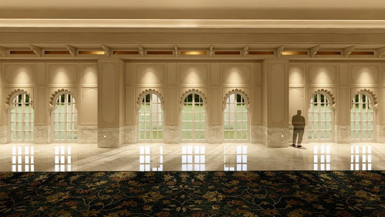 The Heritage Hall at Kingsbury with symmetrical arched windows and a polished marble floor
