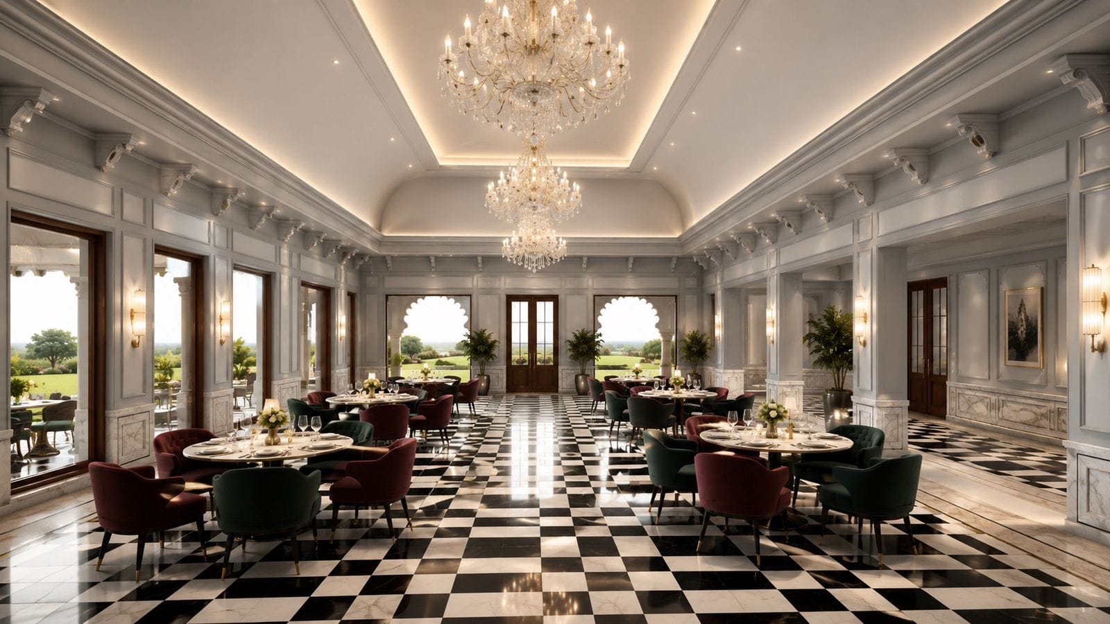 Bright all-day dining hall with checkerboard floor and garden-facing windows