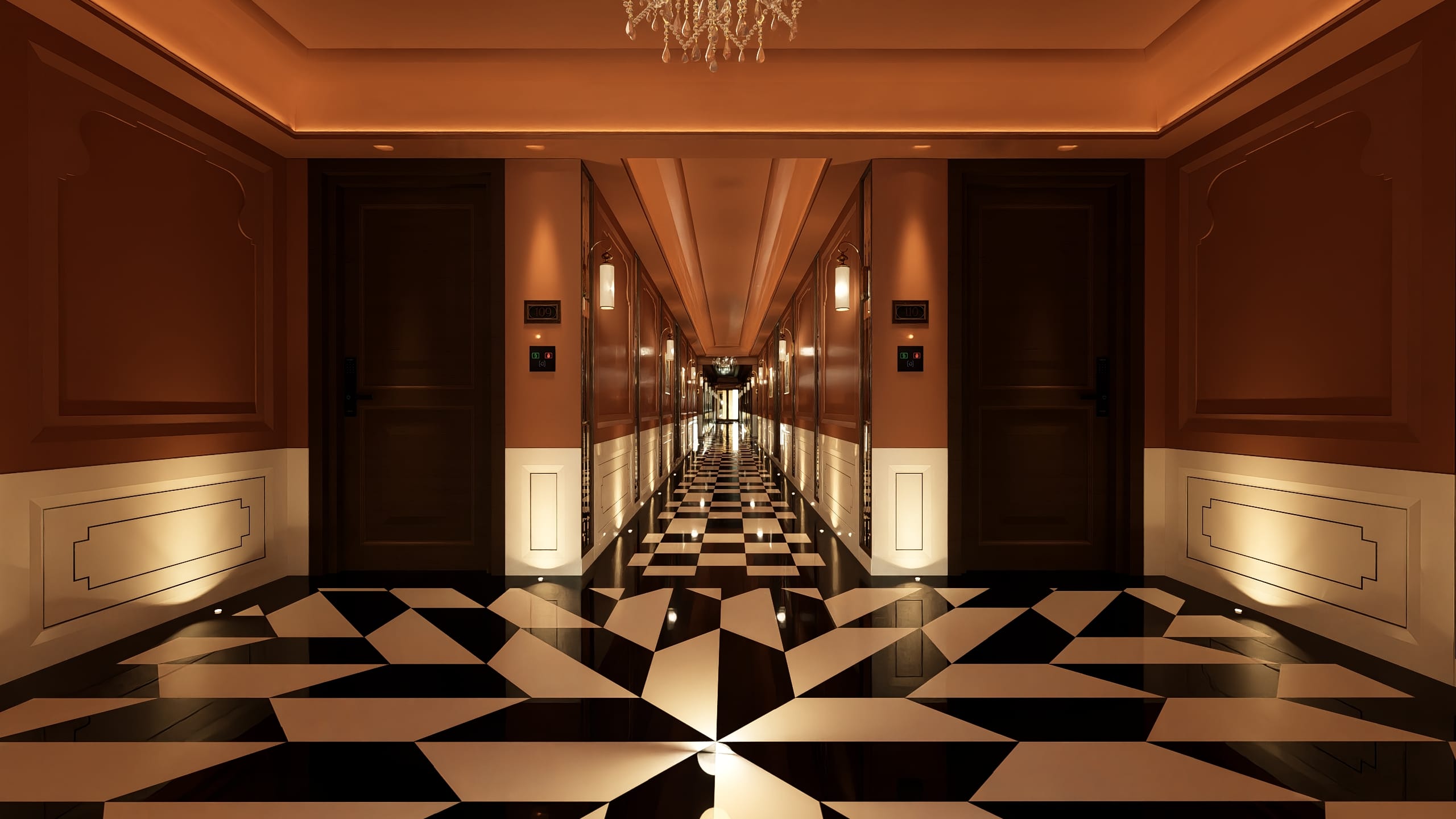 Guest corridor with starburst marble floor and crystal chandelier