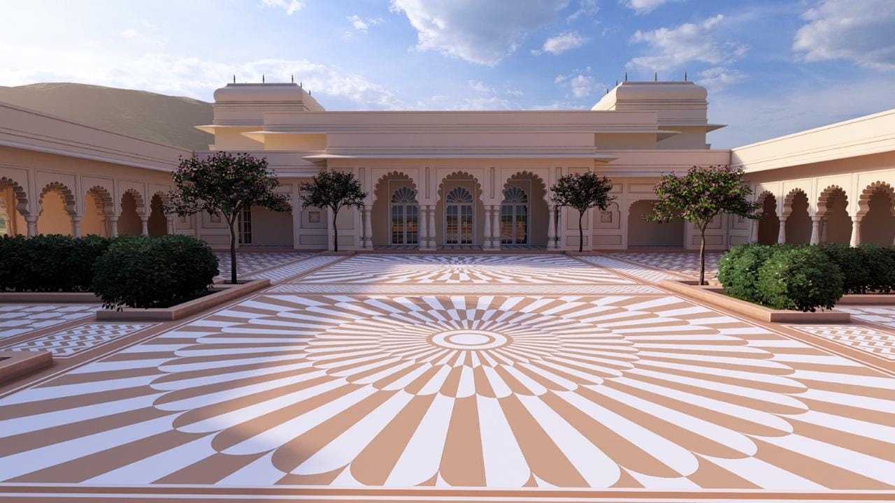 Radial inlay marble courtyard floor beneath an arched pavilion