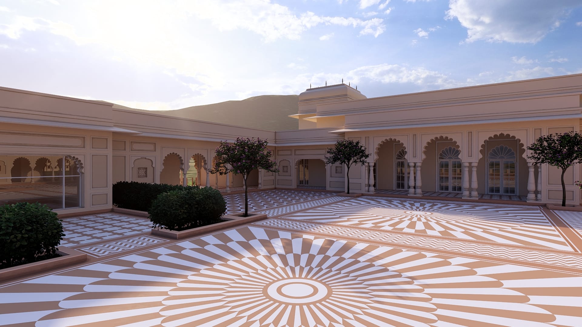 Udaipur Heritage & Sightseeing — radial mandala courtyard with arched colonnade