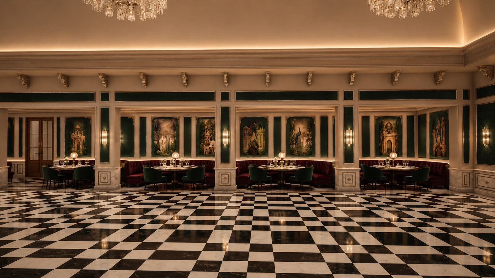Specialty Restaurant — peacock murals, red banquettes and checkerboard marble floor