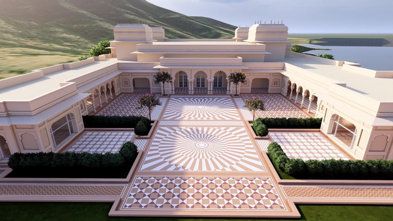 Courtyard Garden — elevated terrace with sunburst tilework and hill views