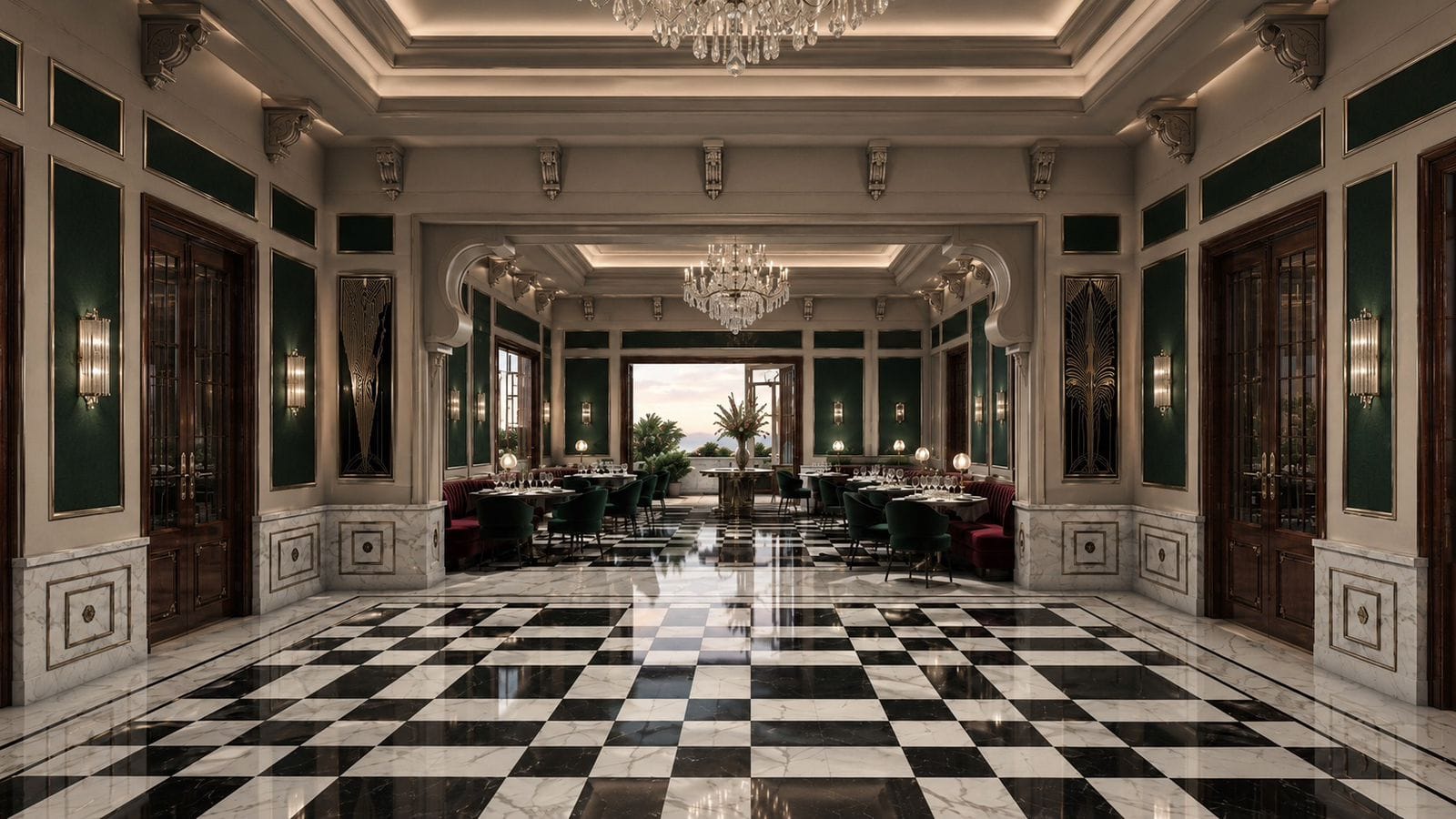 Dining room with checkerboard floor overlooking the lake at sunset