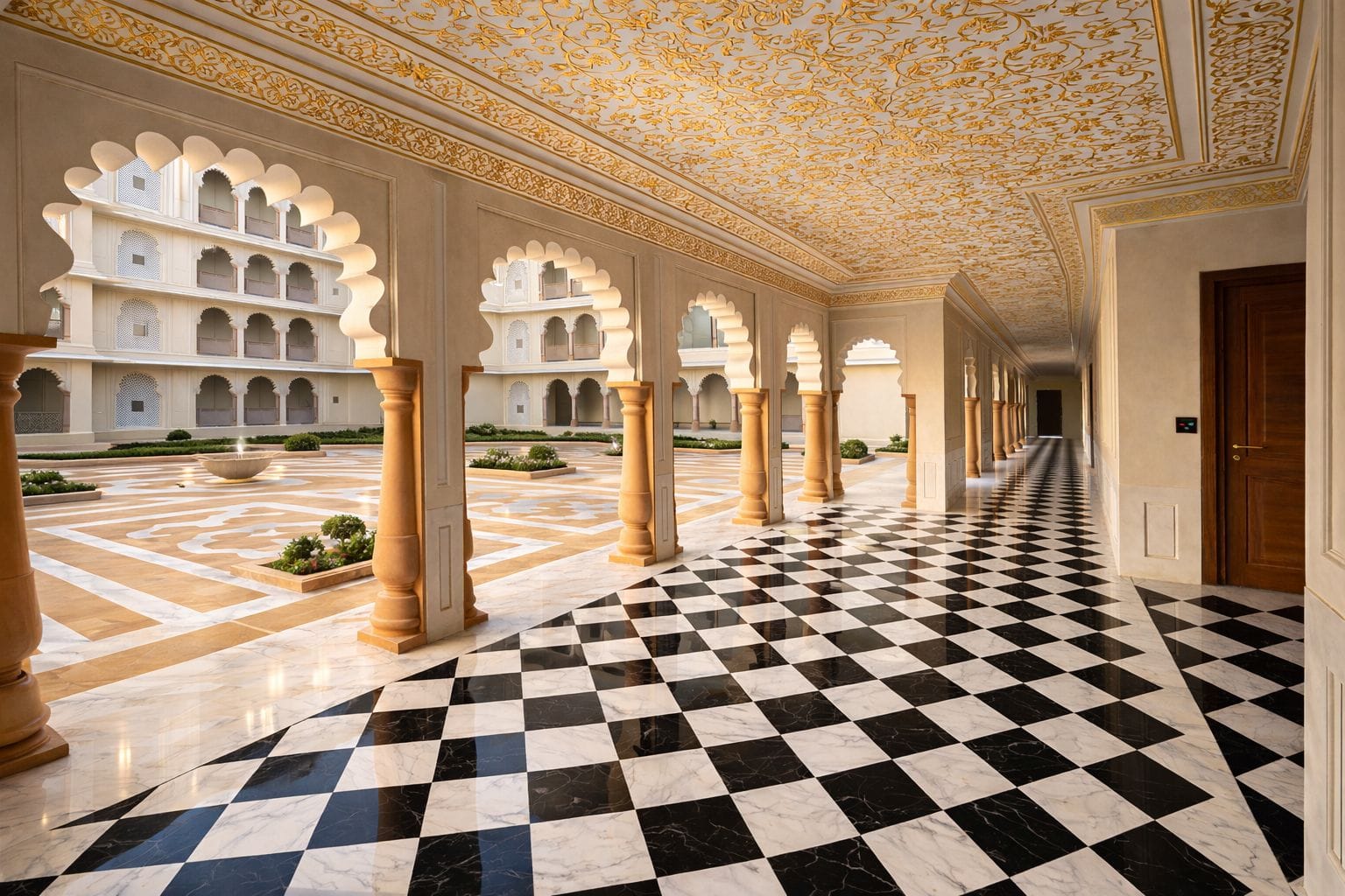 Gilded-ceiling arched courtyard with checkerboard marble walkway