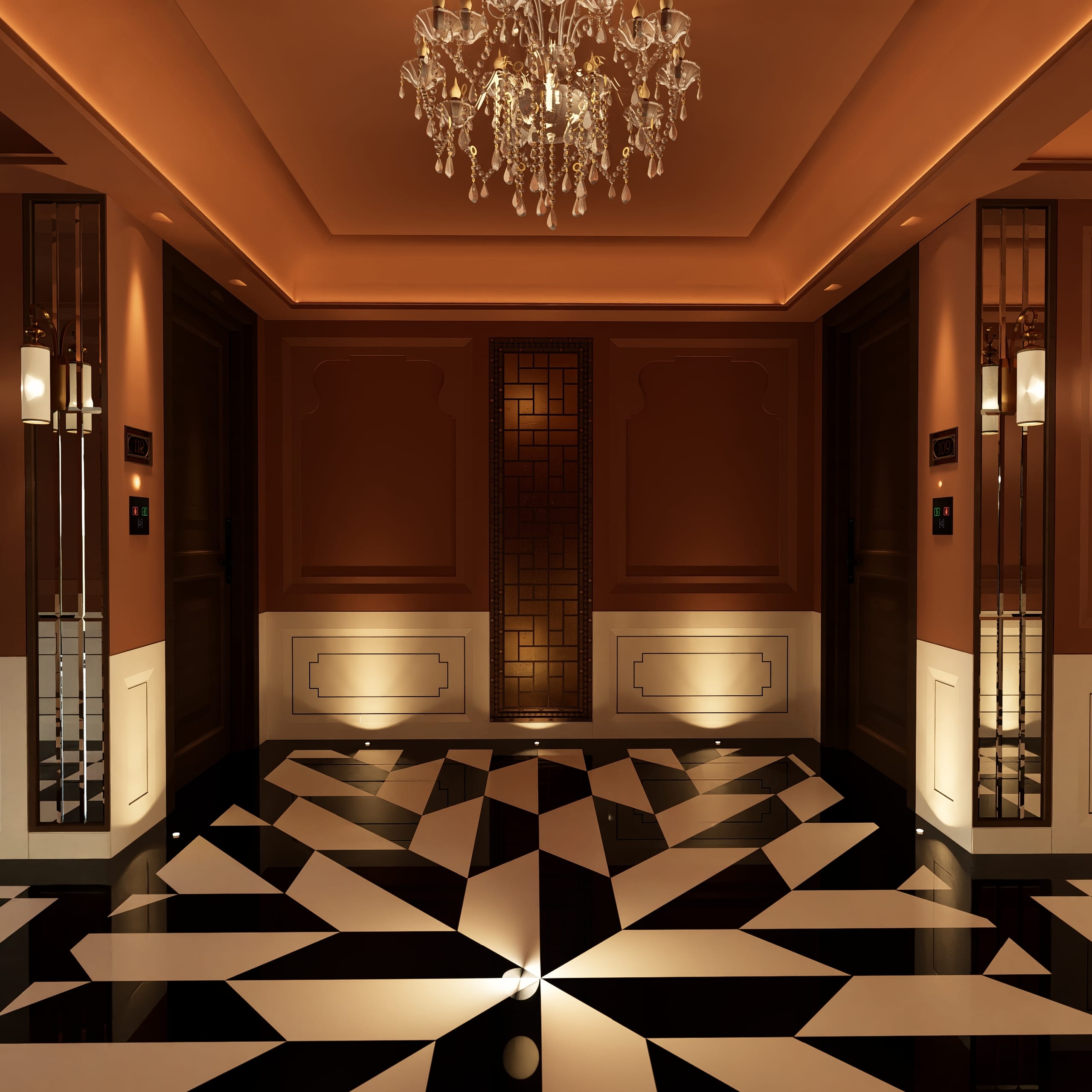 Concierge — crystal-chandelier lift lobby with symmetrical star-patterned floor