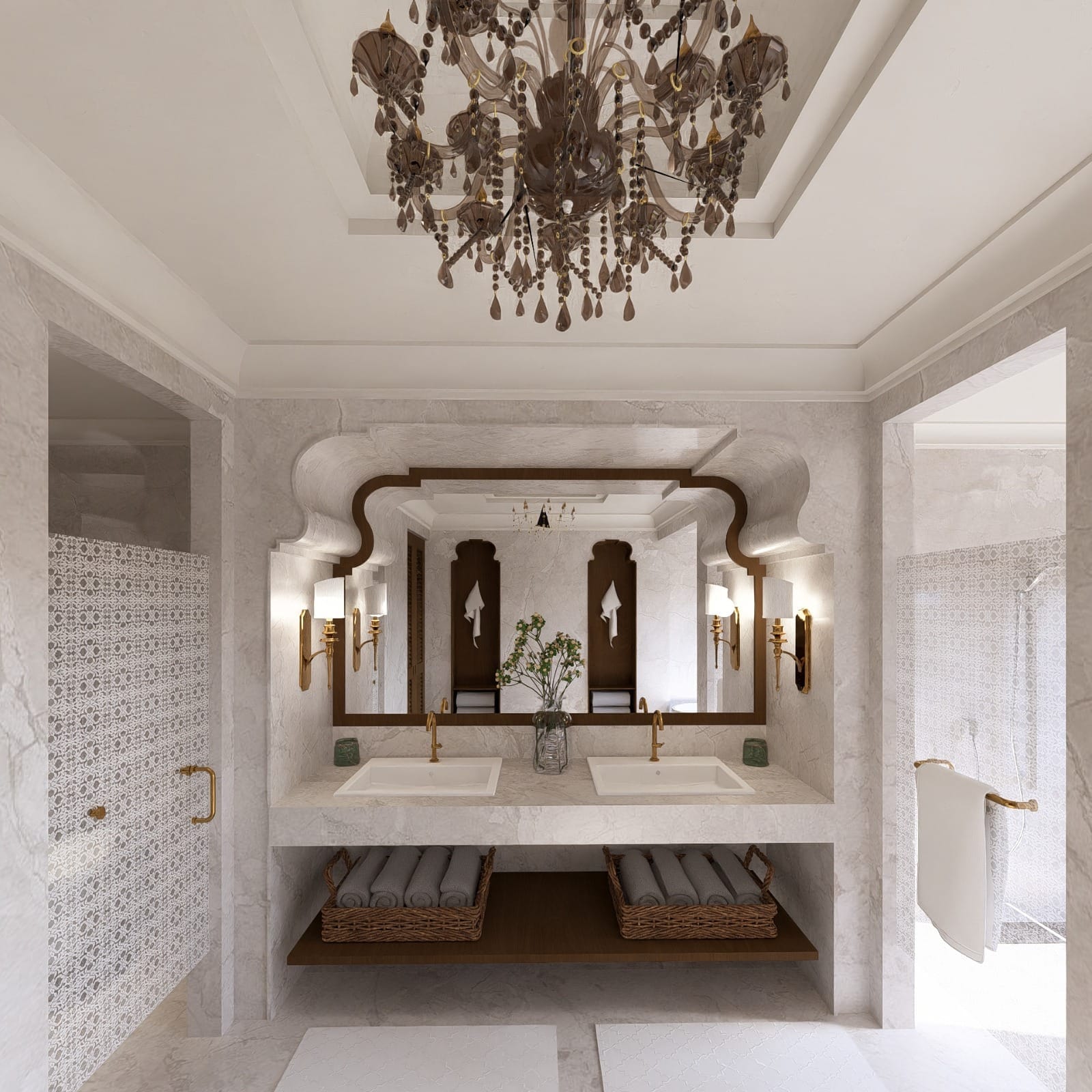 Marble bathroom with double vanity and a bronze chandelier