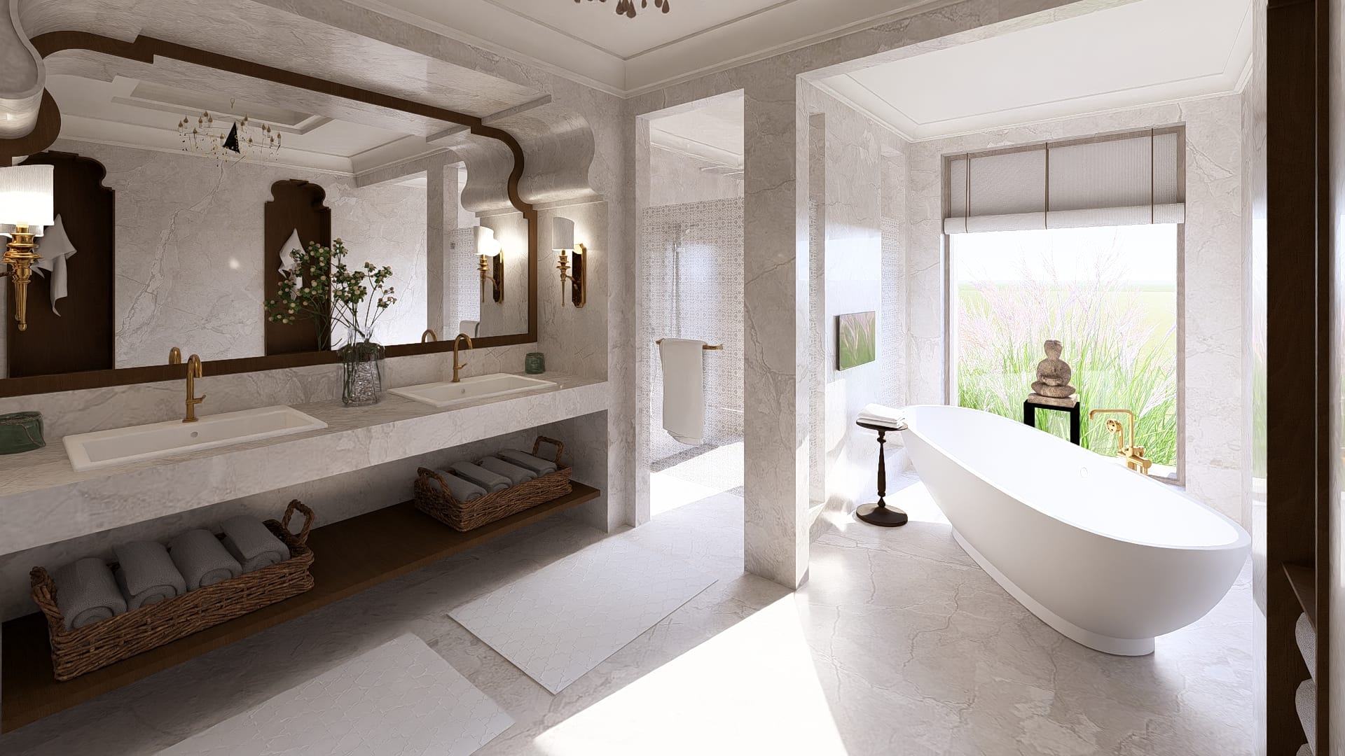 Marble bathroom with freestanding tub and garden-view window