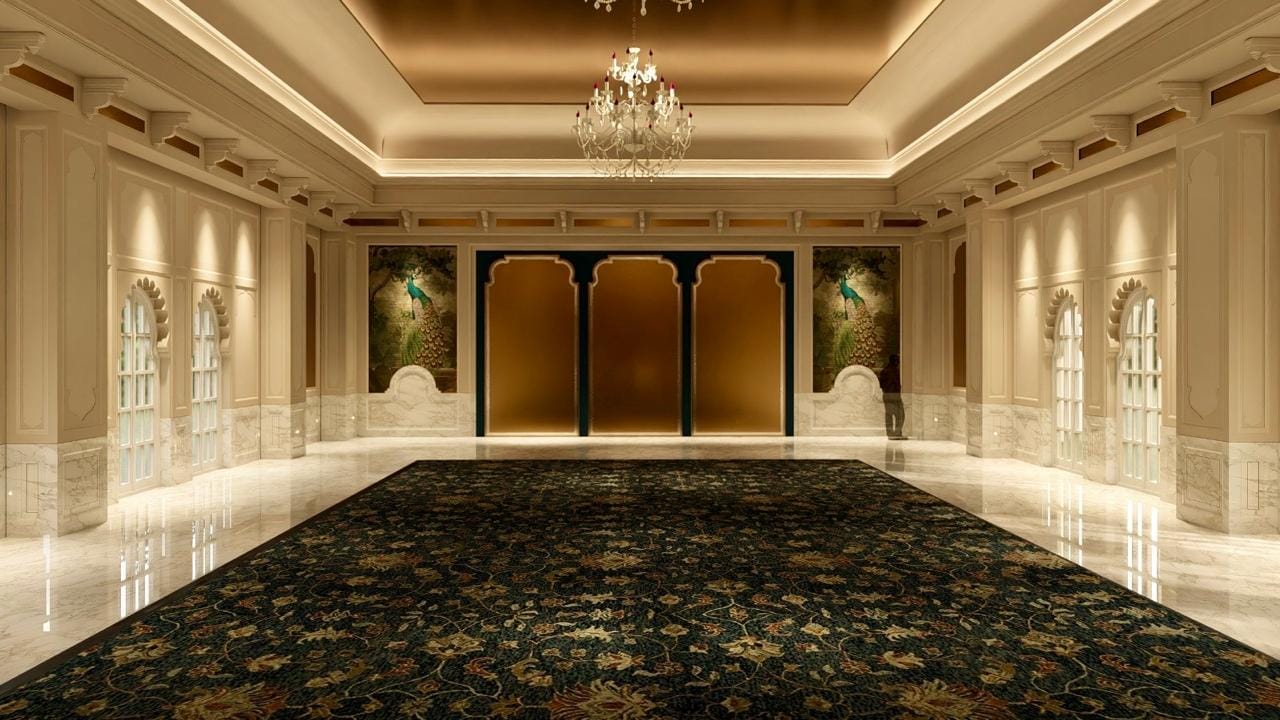 MICE & Events — ornate pillared banquet hall with chandelier and gold stage