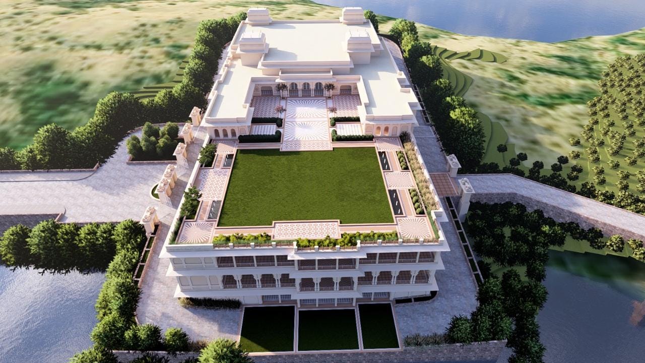 Aerial view of the lakeside courtyard and lawn at Kingsbury