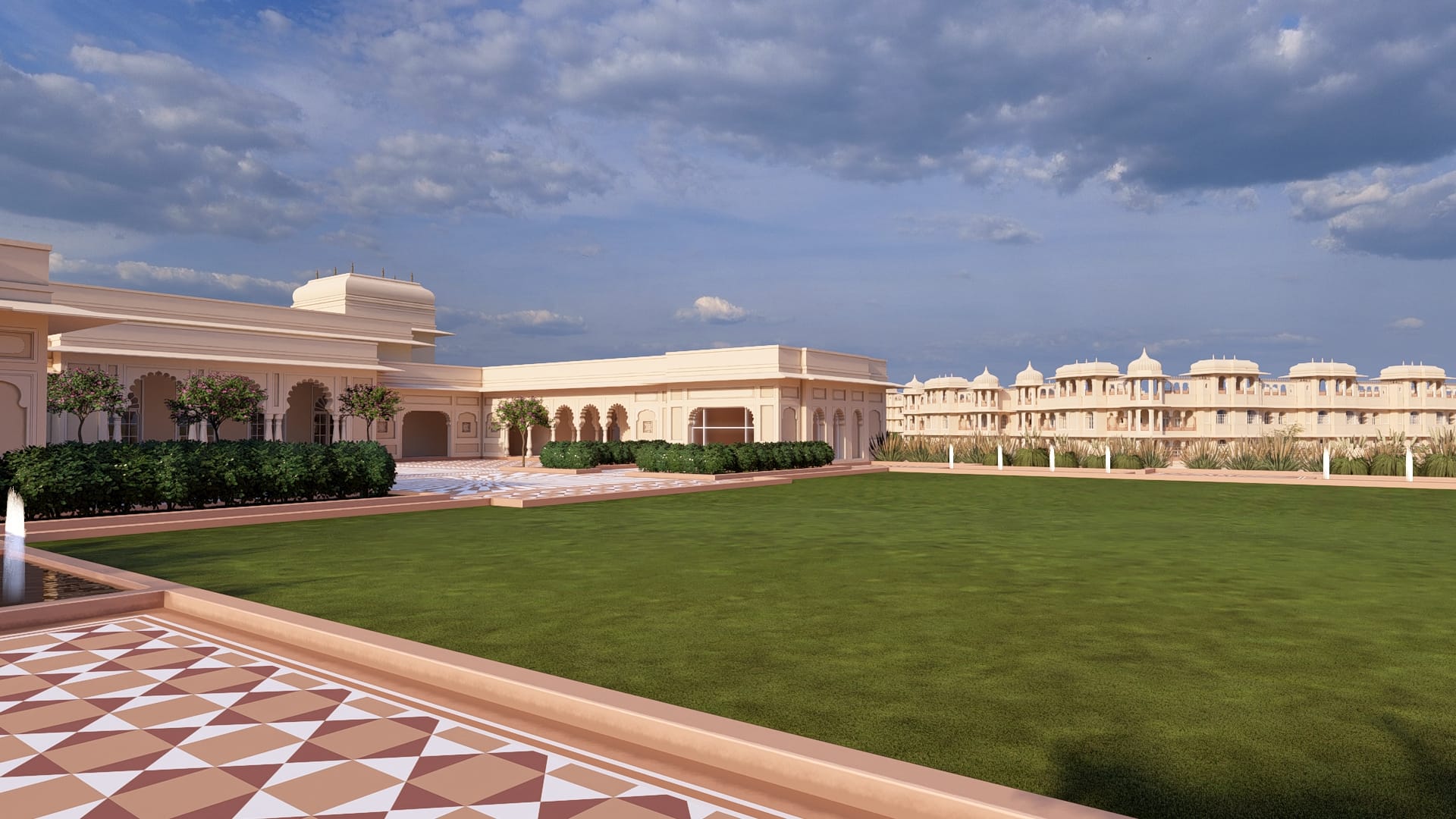 Destination Island Weddings — expansive palace lawn and courtyard with fountain