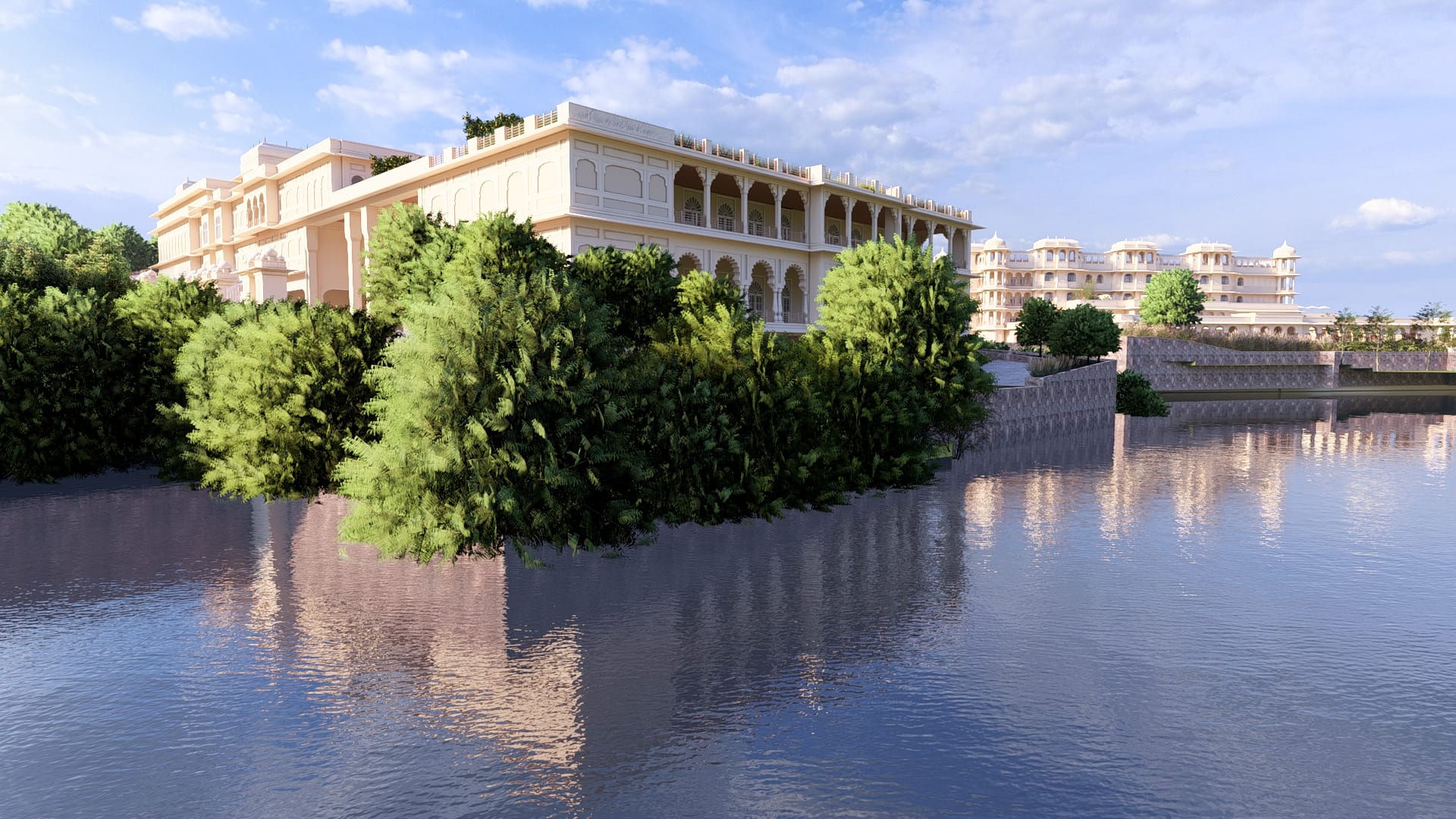 Kingsbury palace facade mirrored in the island lake