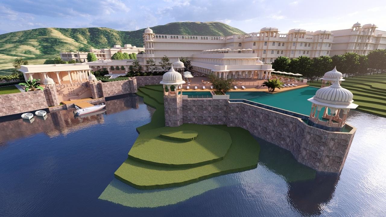 Kingsbury hillside pool with domed chhatris overlooking the lake