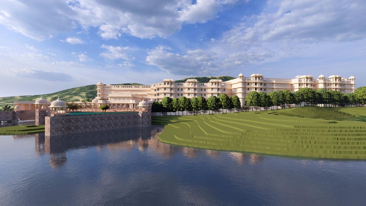 Kingsbury lakefront palace facade with terraced open-air lawns beside the water