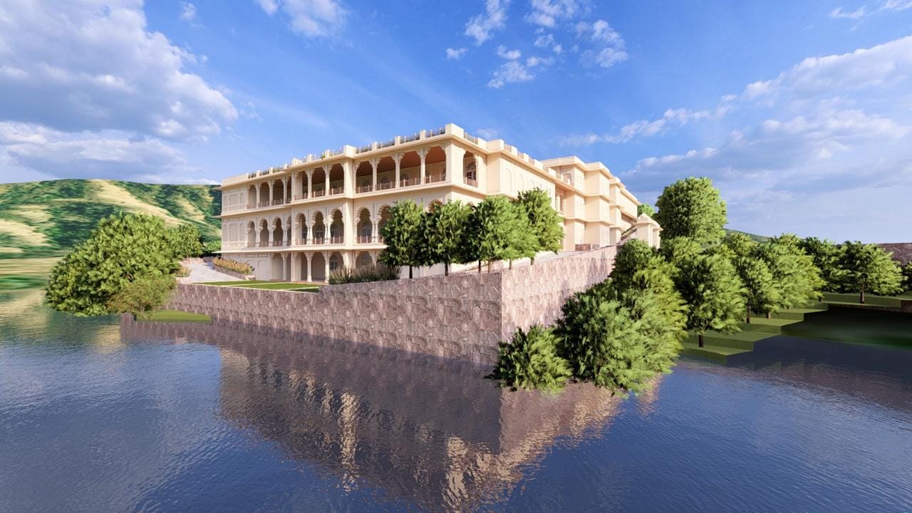 Lakeside palace facade lined with arched balconies