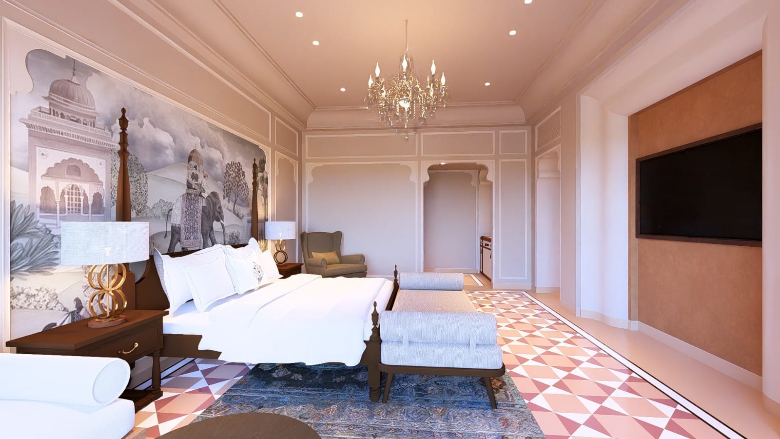Palatial bedroom with a hand-painted mural headboard wall