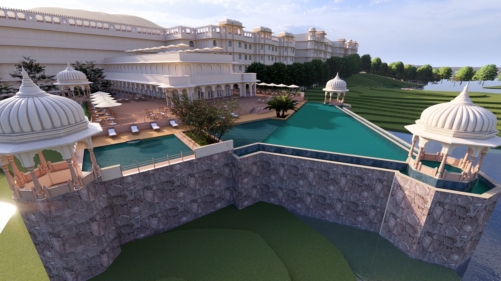 Swimming Pool — lakeside pool terrace with chhatri pavilions and loungers