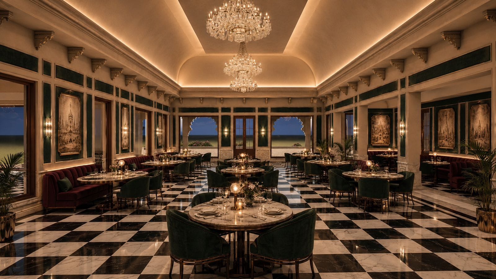 In-Room & Private Dining — candlelit restaurant with round tables and arched doors at dusk