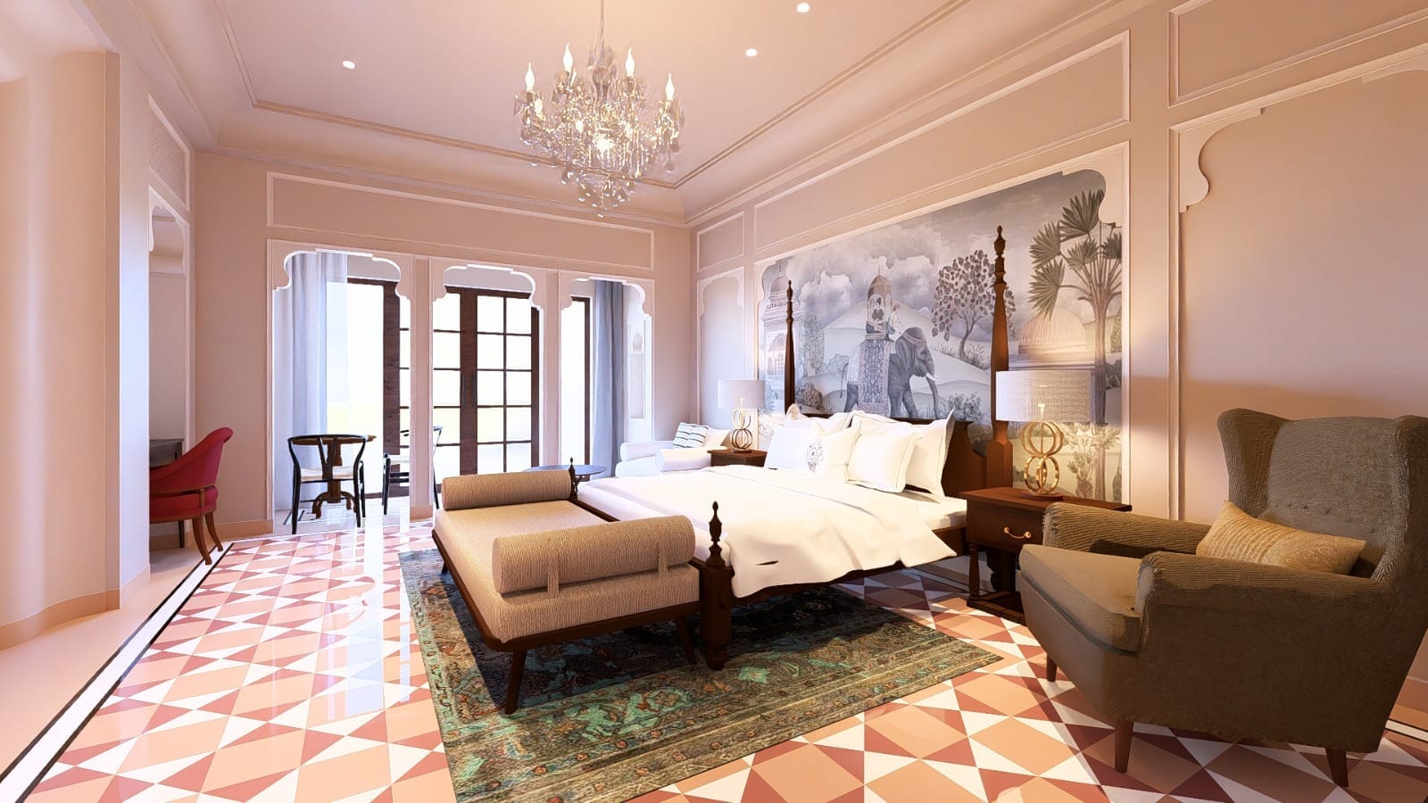 Suite bedroom featuring an elephant mural and four-poster bed