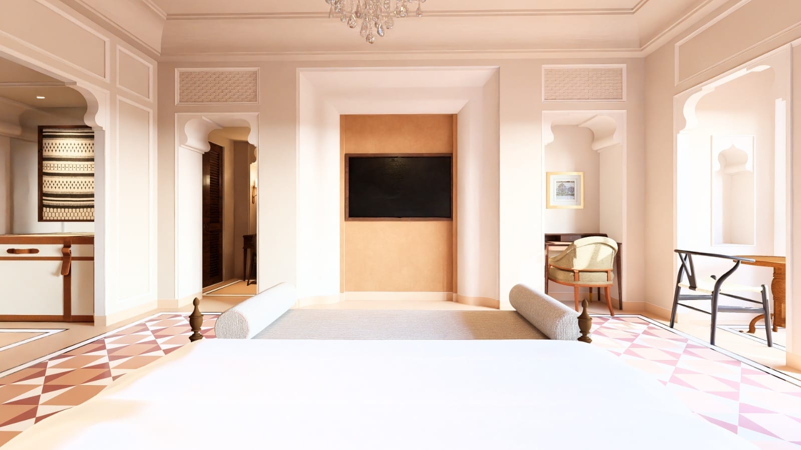 Lakeland Plunge Pool Room bedroom with a foot-of-bed television view and pink tiled floor