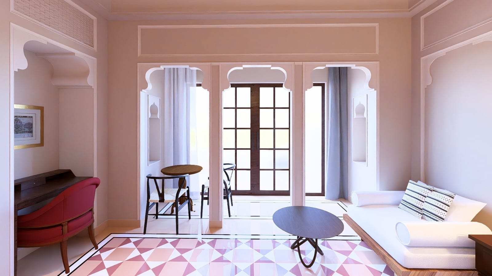 Suite lounge with a red desk chair beside arched doors