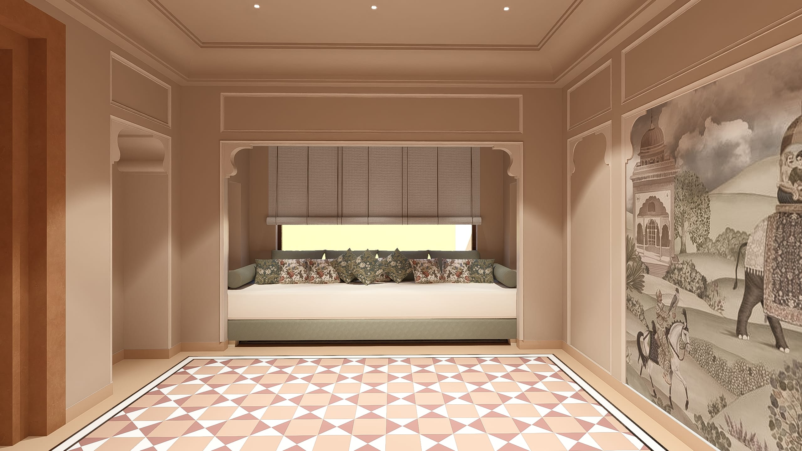 Lakeside suite with cushioned window daybed and elephant mural