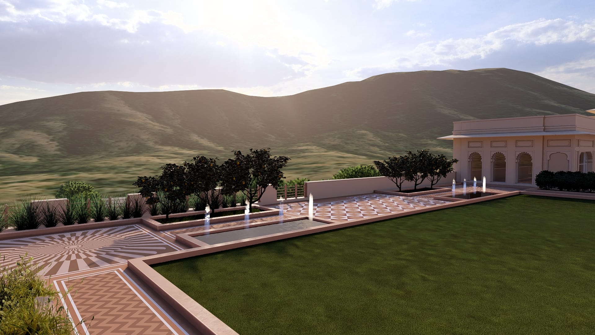 Gardens & Courtyards — terraced charbagh garden with water channels and fountains
