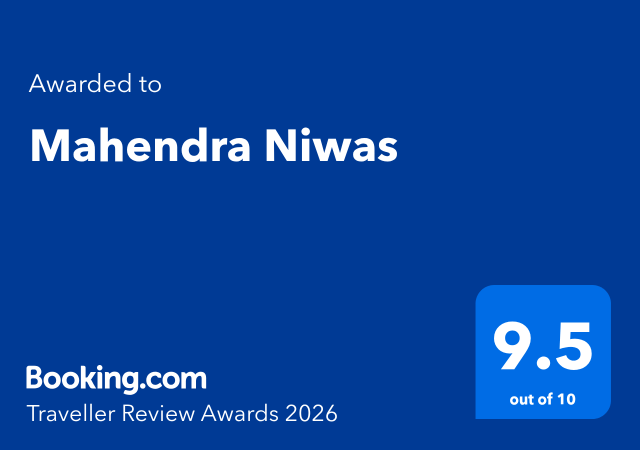 Booking.com Traveller Review Awards 2026 presented to Hotel Mahendra Nivas with a 9.5 out of 10 rating.