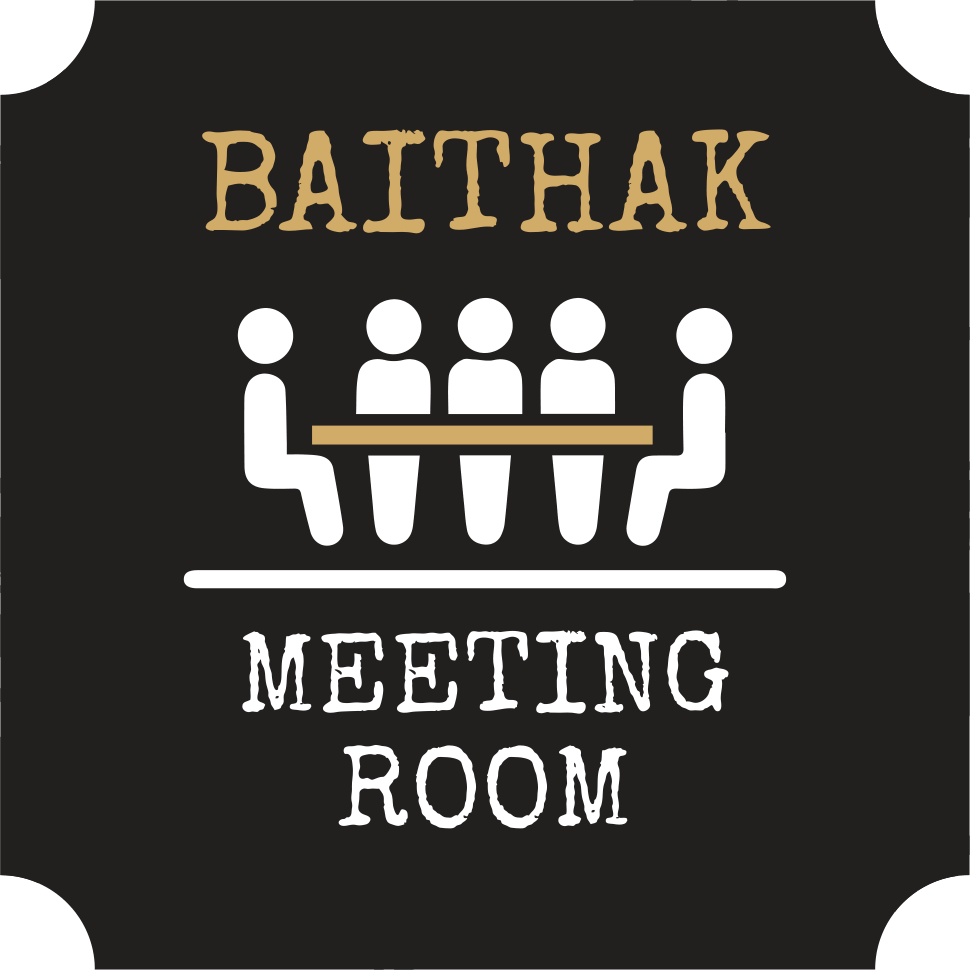 The logo of Baithak Hall, the pillarless meeting and events venue at Nepali Ghar Hotel in Thamel, Kathmandu, seating up to seventy-five guests theatre-style.
