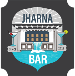 The logo of Jharana Bar, the outdoor cocktail bar set beside the koi pond and waterfall at Nepali Ghar Hotel, serving a wide array of signature drinks daily.