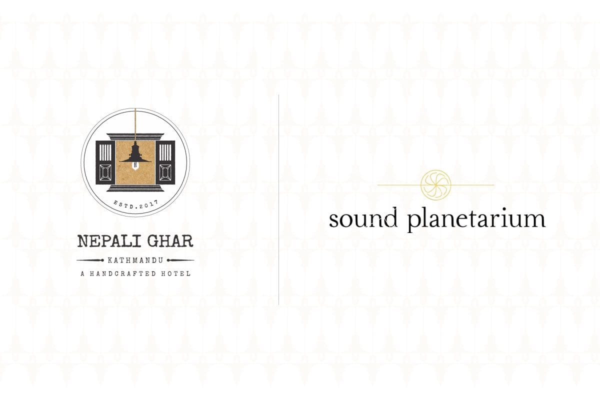 A banner announcing the partnership tie-up between Nepali Ghar Hotel and the Sound Planetarium, marking a collaboration for guests visiting Kathmandu, Nepal.