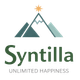 A logo featuring three stylised mountain peaks in shades of green and blue, topped with a small orange star, above the word 'Syntilla/ in green and the tagline 'UNLIMITED HAPPINESS' in grey.