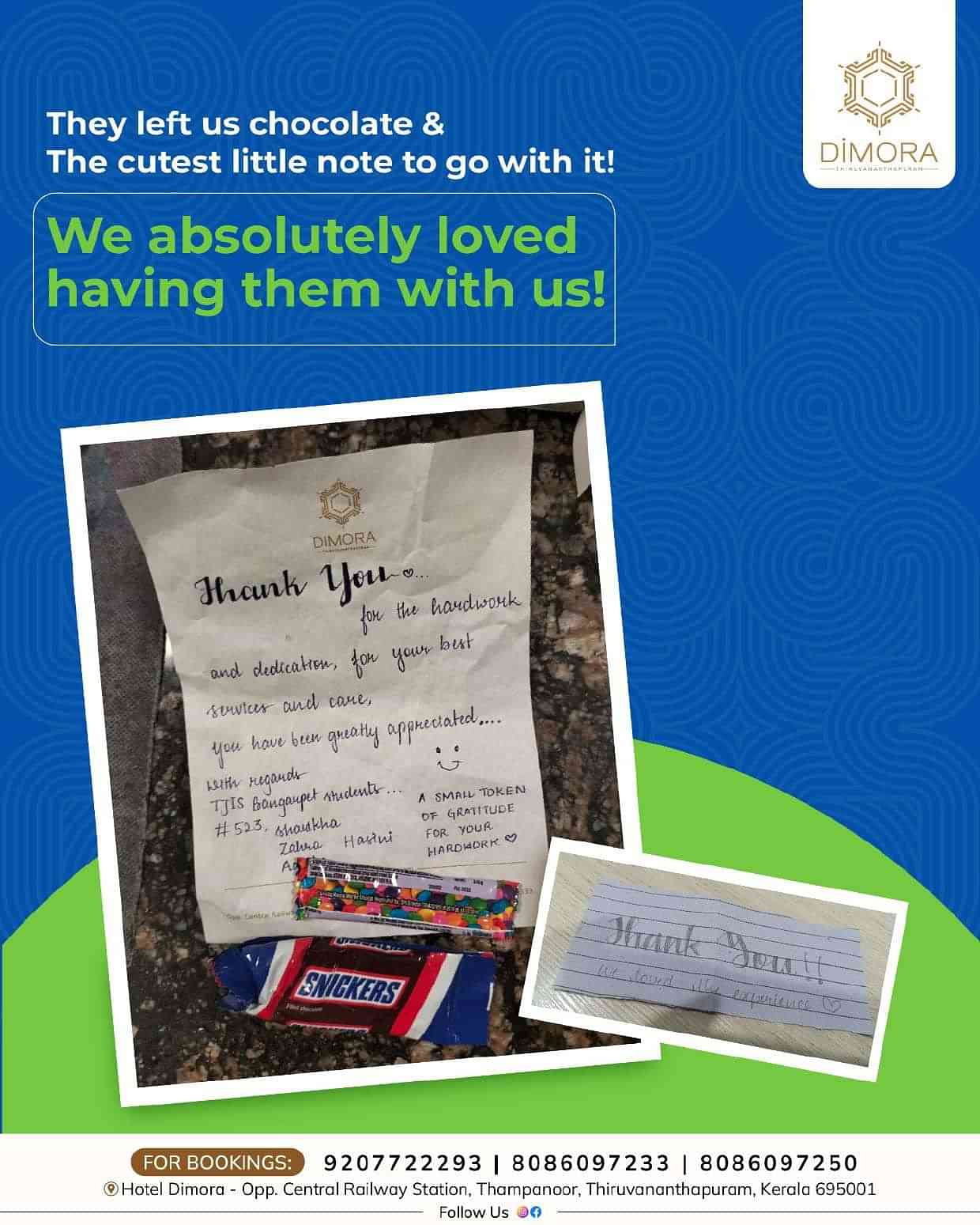 iA poster showcasing a handwritten thank-you note expressing appreciation for the excellent service at Dimora, Thiruvananthapuram, along with some chocolates.