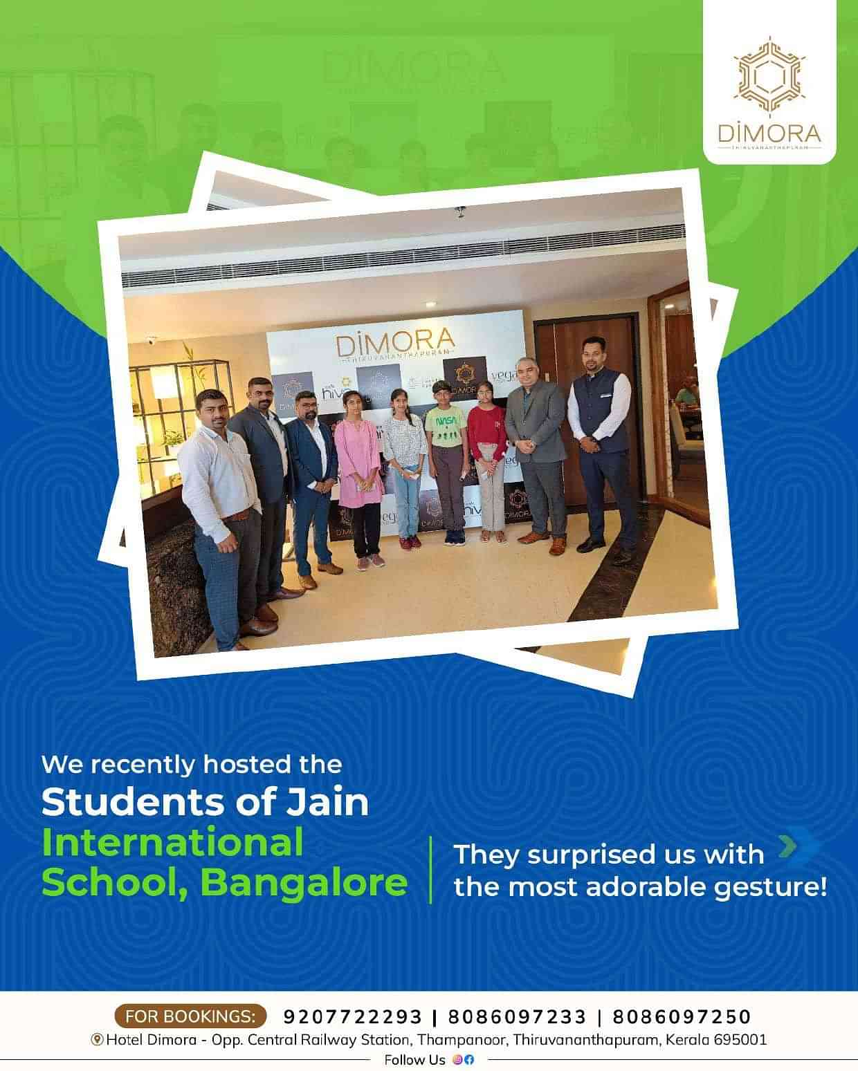 A poster of Dimora, Thiruvananthapuram, featuring students and faculty, mentioning our hosting of Jain International School students from Bangalore.