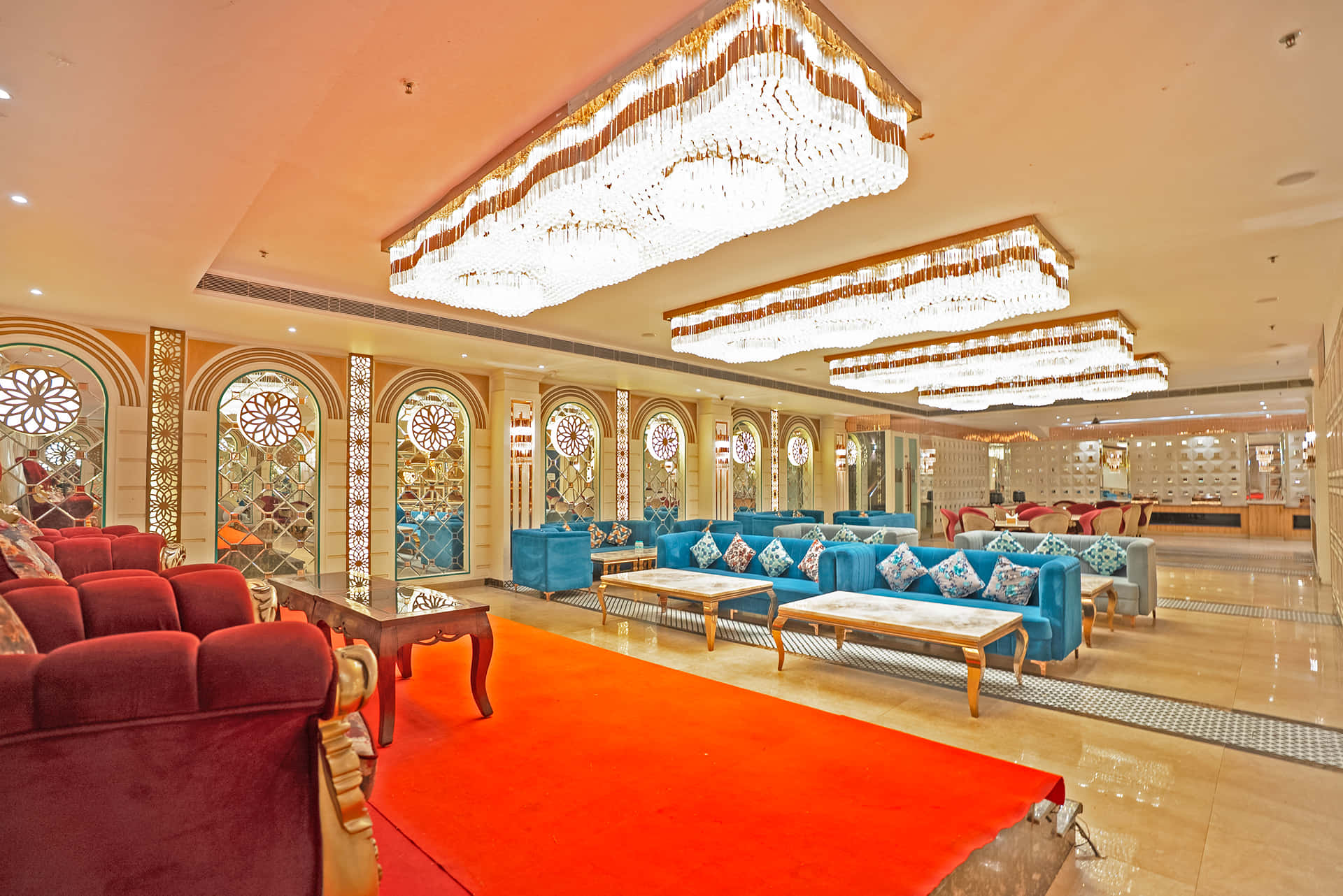 The banquet hall with a red carpet aisle