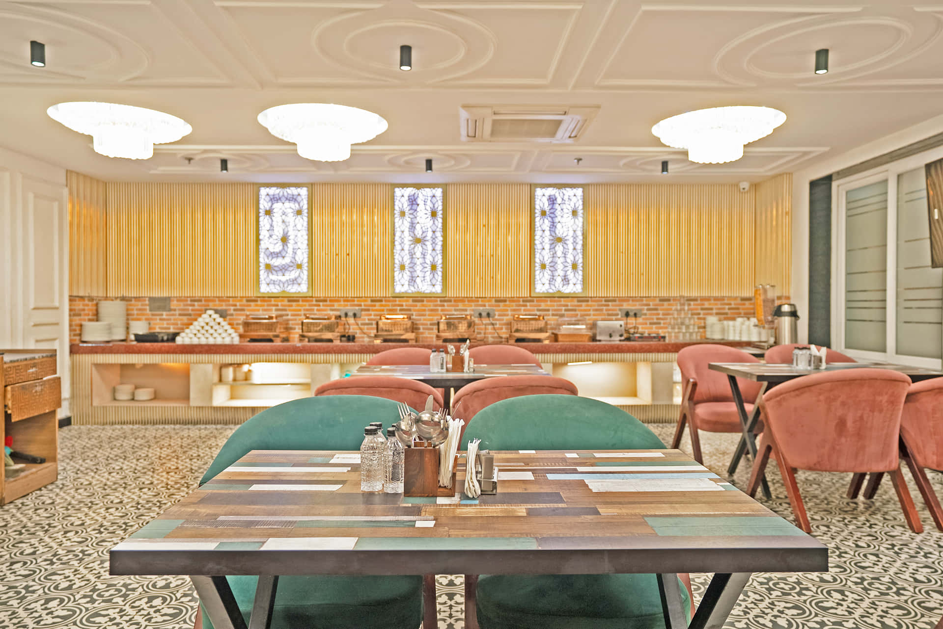 The restaurant buffet counter