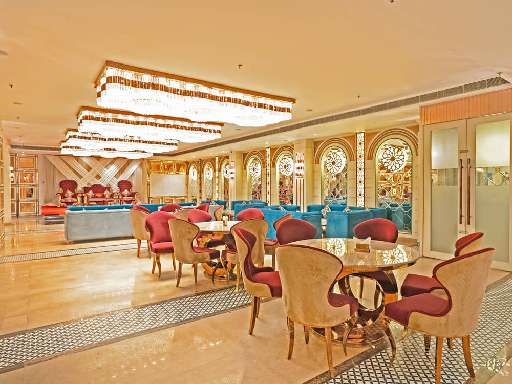 The banquet hall laid out with dining seating