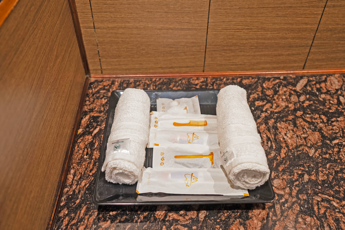 The bathroom amenities tray in an Executive Room