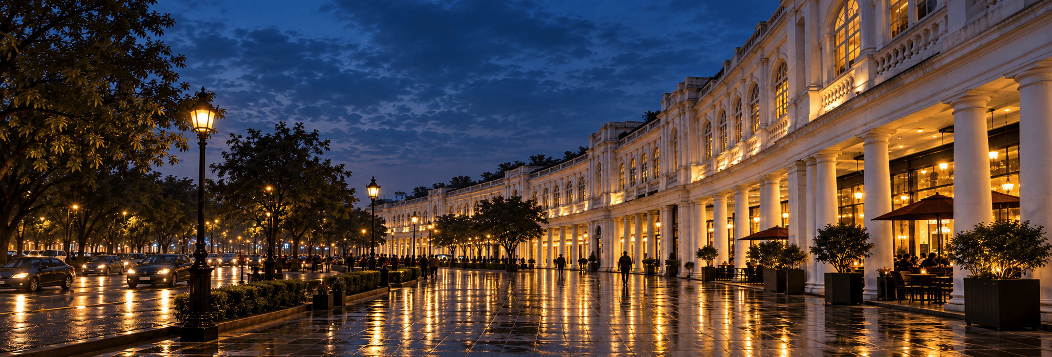 The lit colonnade of Connaught Place at dusk, reflected in the wet pavement
