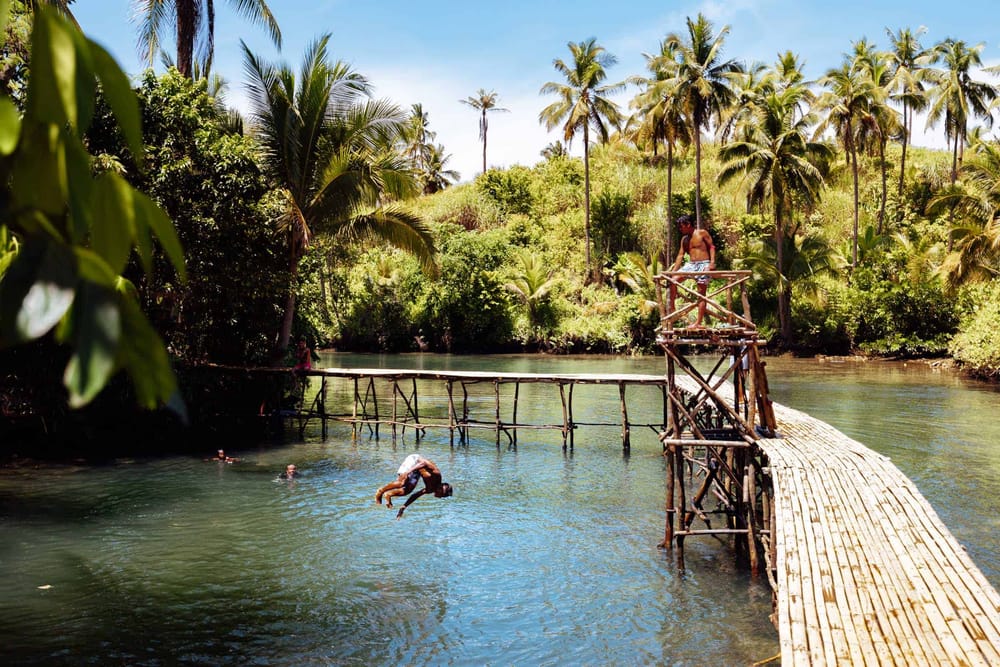 A person jumping from a bamboo diving tower into Bito Cold Spring, with swimmers in the water and a bamboo walkway lined by coconut palms