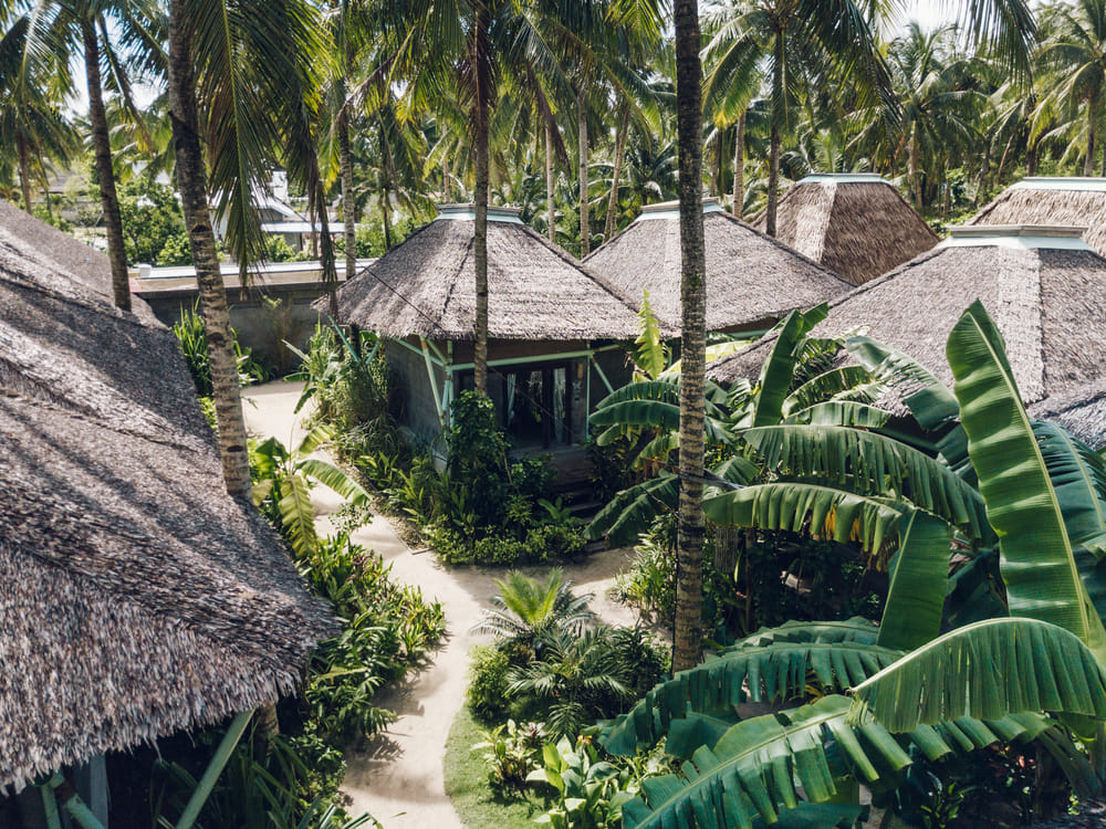 Aerial view of thatched roof cottages at Bravo Beach Resort Siargao, connected by sandy pathways through palm trees and banana leaves