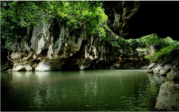 Limestone cave entrance at Sohoton Cove in Bucas Grande Island, with hanging greenery over calm dark green water
