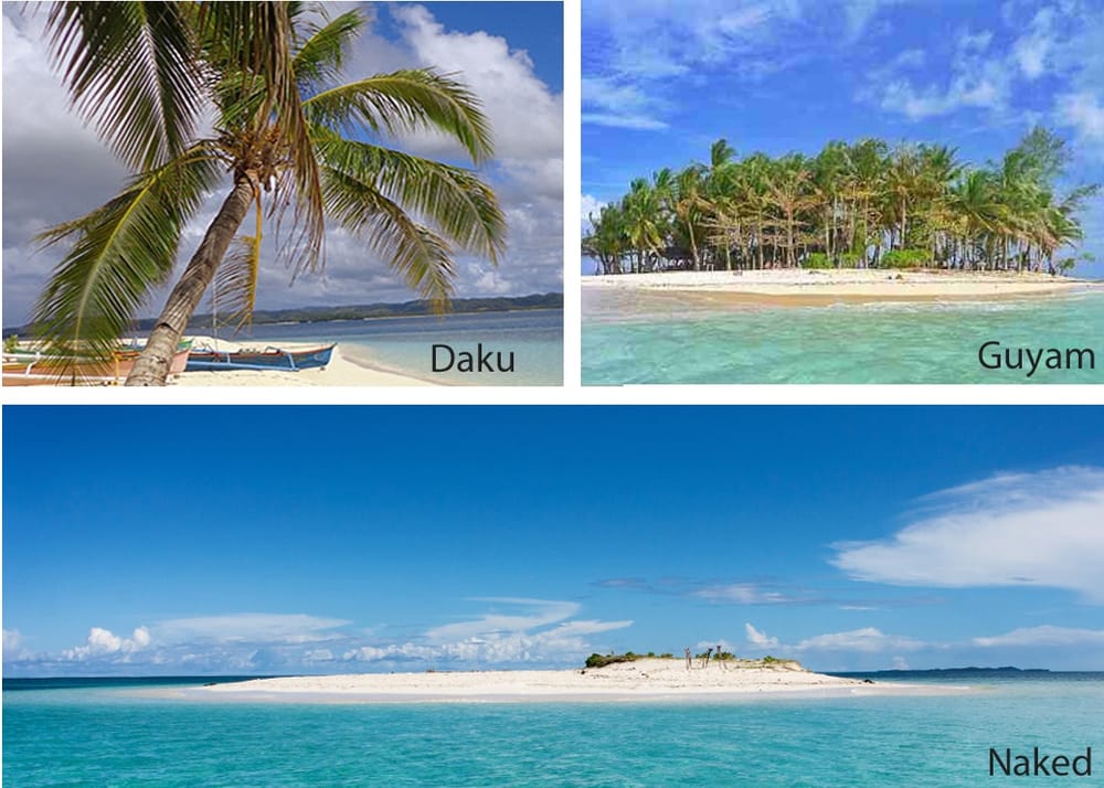 Collage of 3 islands near Siargao, showing a palm tree and boat at Daku, a forested sandbar at Guyam, and a white sand islet at Naked