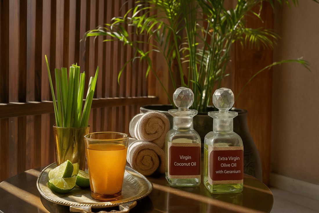 Herbal teas and wellness oils are beautifully arranged at Aramness, highlighting its holistic spa offerings.