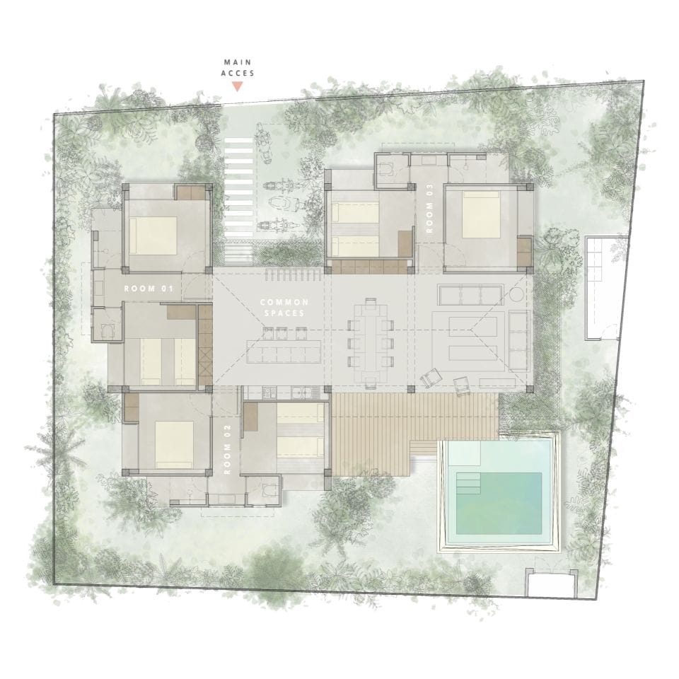 Floor plan of Tadhana Villa at Bravo Beach Resort Siargao showing 3 bedrooms, common spaces, dining and living area, pool, and garden