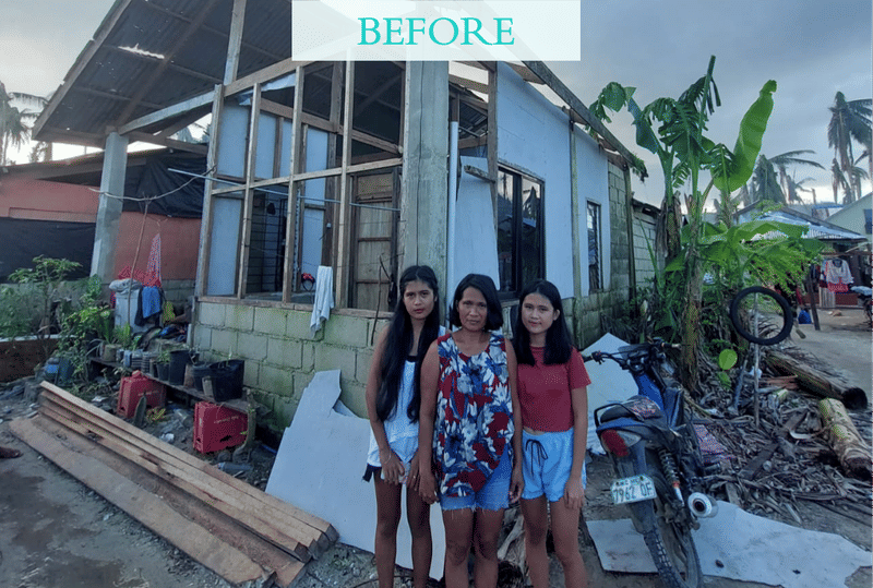 Three women stand in front of a damaged house under repair, with a before label overlaid on the image showing the original condition