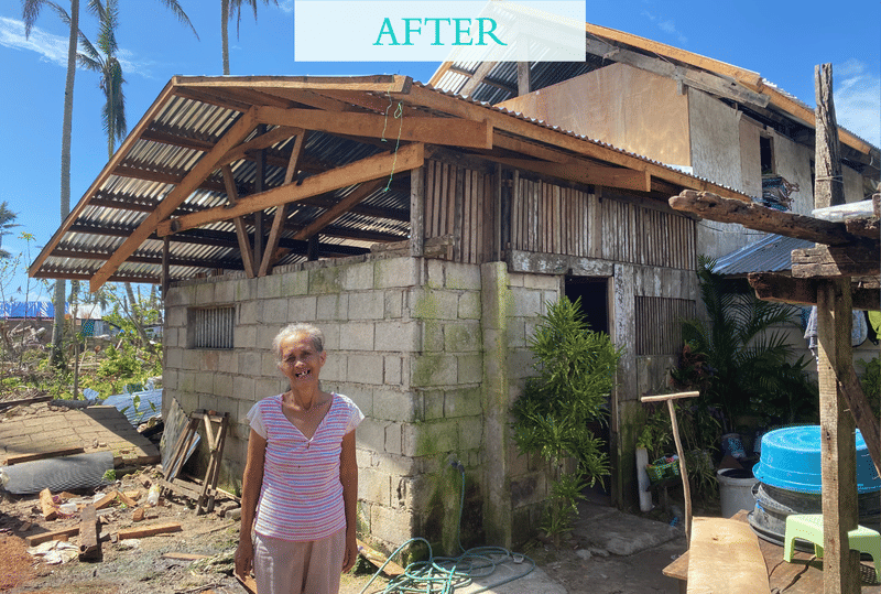 The same woman stands in front of the house with a new wooden roof frame installed, with an after label overlaid showing the rebuild
