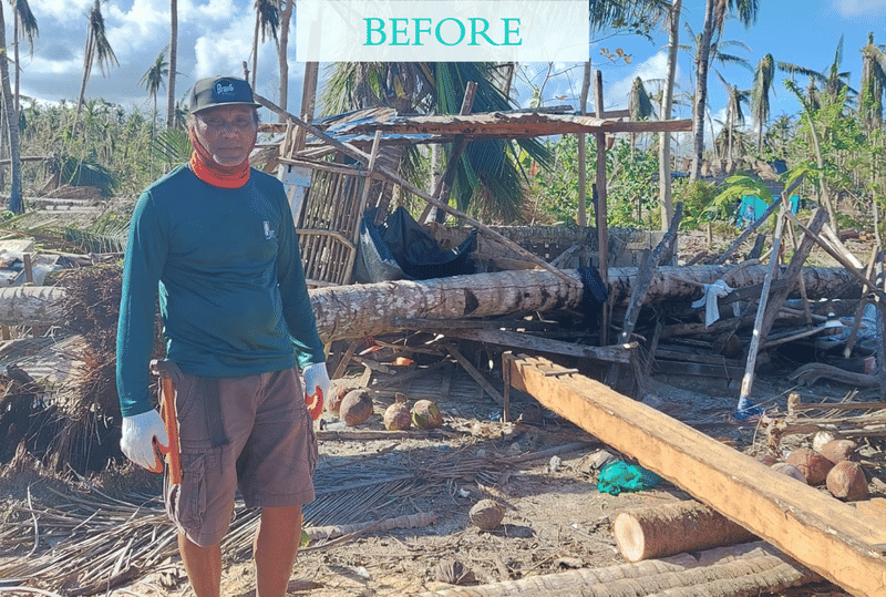 A worker in a cap stands beside a collapsed wooden structure amid fallen coconut trees, labeled BEFORE, ahead of a home rebuild in Siargao
