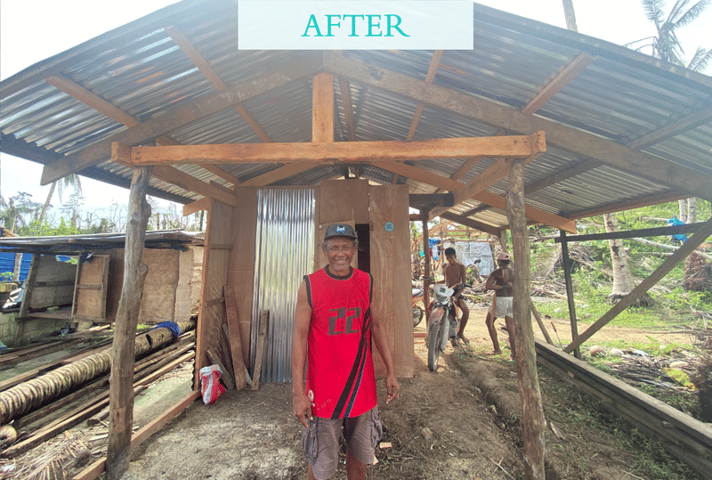 A man in a red shirt stands smiling in front of a rebuilt wooden house with a corrugated metal roof, labeled AFTER, showing progress in Siargao